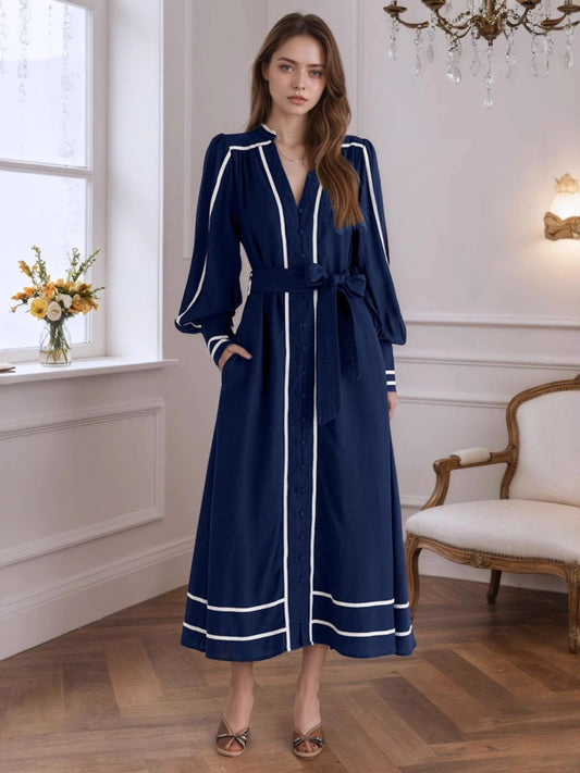 Belted Contrast Navy Dress Navy Blue