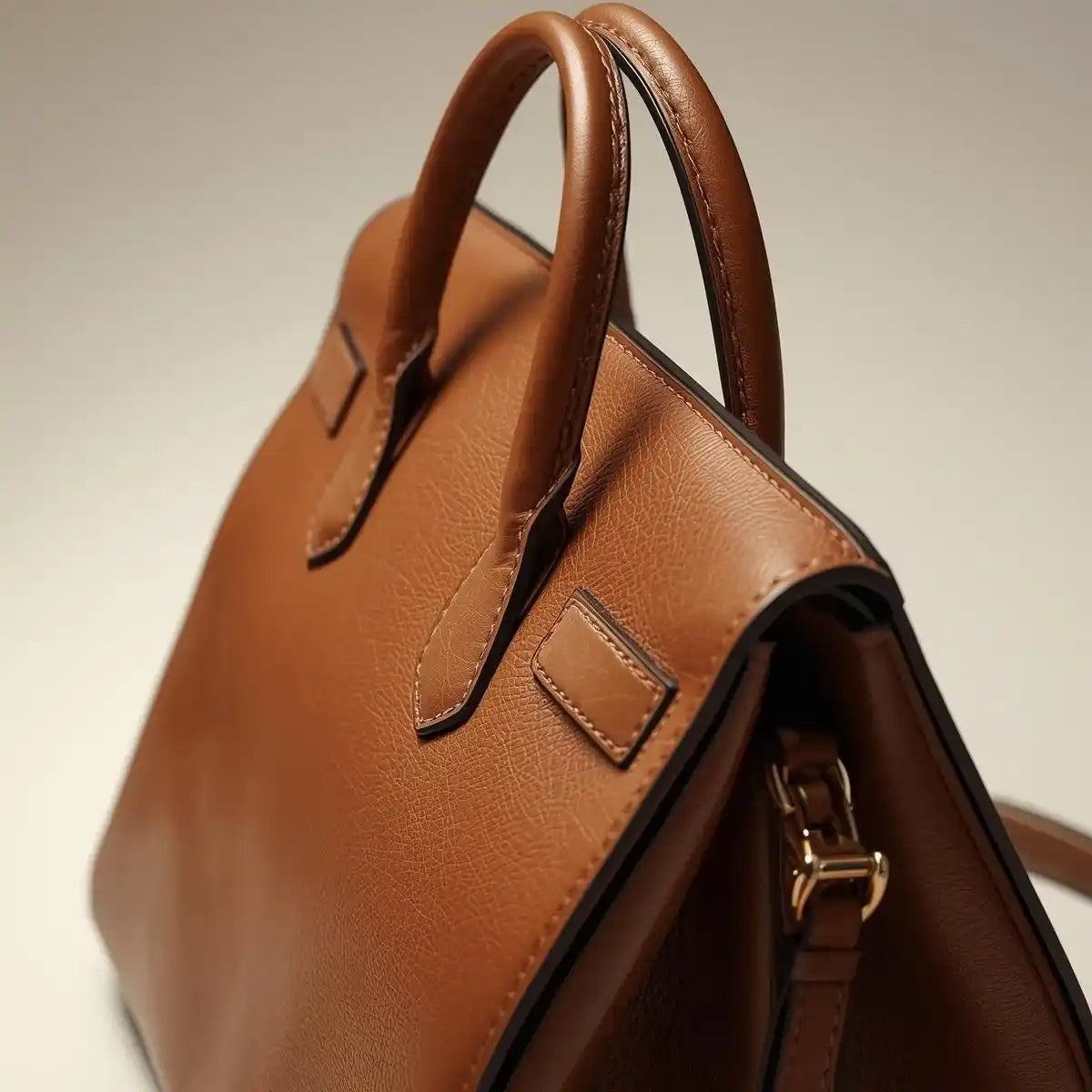 Close-up of a brown leather handbag with a gold clasp on a neutral background