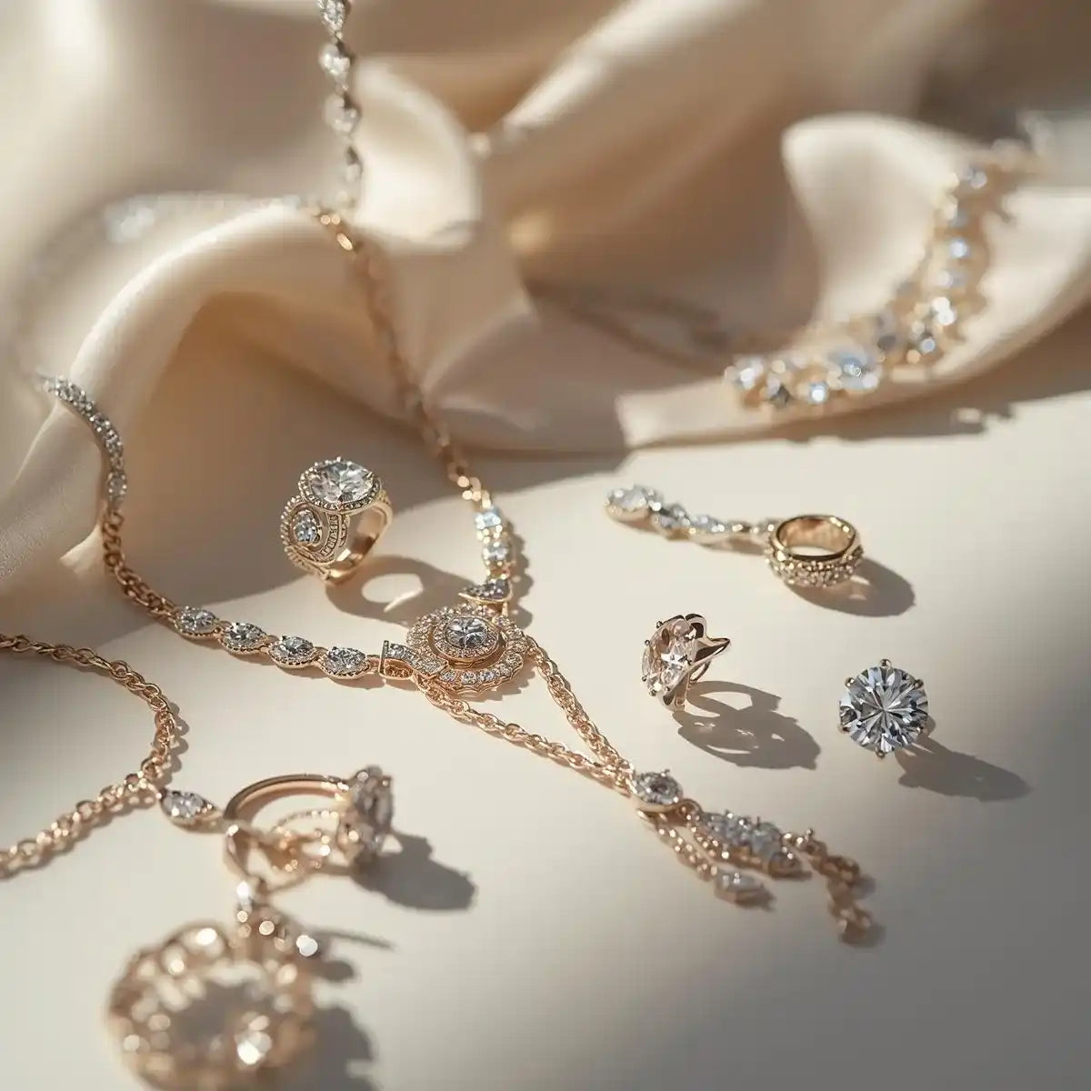 Rose gold jewelry set with necklace, ring, and earrings on a beige fabric background