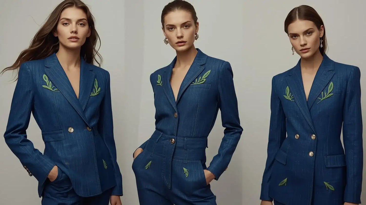 Three views of a woman wearing a blue suit with green leaf embroidery on a gray background
